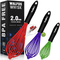Walfos Whisk,7+9+11in Silicone whisk, BPA free Whisks for Cooking Non Scratch. Heat Resistant(480°F) Wisk. Perfect for Blending, Mixing, Beating etc.Dishwasher Safe.Set of 3 (Colorful) - color: Red+Blue+Green