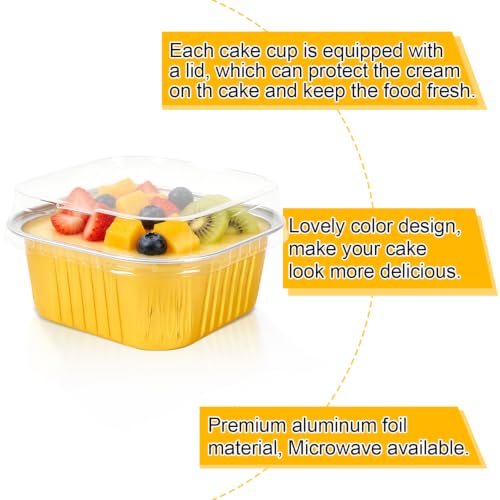 100 Pcs 5oz Mini Square Baking pans with Lids, Aluminum Foil Cake Molds with Lid, Disposable Cupcake Pan Pudding Cups for Party Wedding Birthday,Gold - color: Gold