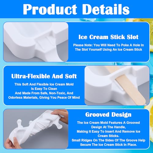 6 Set Cake Pop Mold Kit,4 Cavity White Cakesicle Molds Silicone,Oval Ice Cream Mold Cake Pop Maker Supplies Accessories with 300 Pieces Wooden Sticks for DIY Ice Cream Cakes