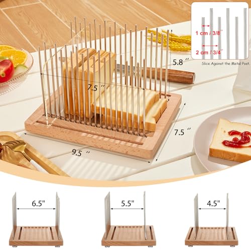 Bread Slicer, Stainless Steel Bread Slicer for Homemade Bread,Adjustable Bread Slicing Guide with Beechwood Bread Cutting Board for Loaf,Bagels & Baguette, Durable and Stable Wooden Structure