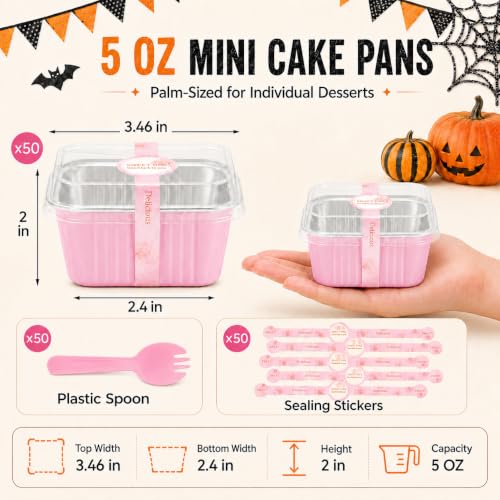 NPLUX 50 Pack 5oz Halloween Mini Cake Pans with Lids for Parties, Pink Foil - color: Pink, size: 5 OZ