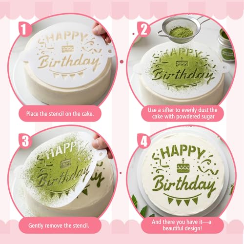4Pcs Cake Stencils Set, Happy Birthday Stencil for Cakes Cookie Stencils