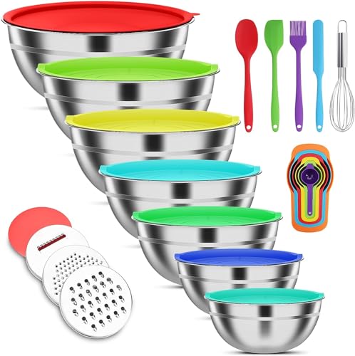 Stainless Steel Mixing Bowls Set with Lids & 3 Grater Attachments, Colorful - color: Multicolor