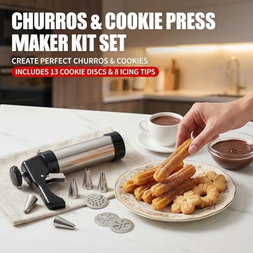 Cookie Press Kit, Stainless Steel Cookie Gun with 13 Discs & 8 Nozzles, Effortless Cookie Maker and Frosting Decorating Tool for Bakers