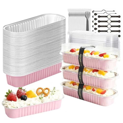 100 Pack Mini Cake Pans with Lids and Spoons, Mini Loaf Baking Pans 6.8oz, Small Disposable Aluminum Foil Loaf Pans, Rectangular Baking Containers for Party and Picnics, Cheesecake Pans (Pink) - color: Pink