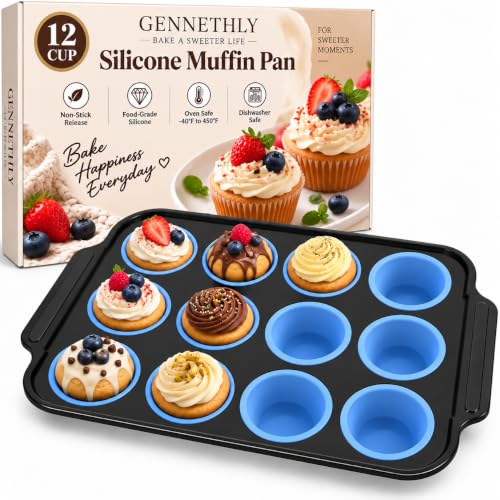 Silicone Muffin Pans for Baking, 12-Cup Muffin Tin with Metal Frame - color: Blue