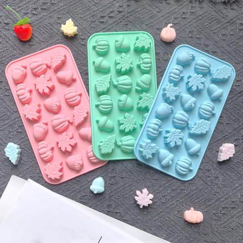 3Pcs 18-Cavity Autumn Harvest Themed Silicone Mold 3D Pumpkin Maple Leaf Chestnut Shaped Chocolate Biscuit Candy Mold, Thanksgiving Silicone Molds for Cake Decoration