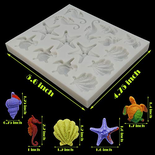 Sakolla Marine Theme Fondant Silicone Molds, Seashell, Conch, Seahorse, Starfish, Tortoise Silicone Mold for Cake Decoration, Chocolate Candy Sugar Craft - color: Marine Theme 15 Cavity/Grey