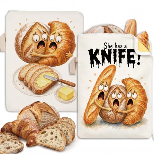 Funny Baking Lover Gifts Beeswax Bread Bags 2 Pack XL 13x17in - color: Funny Bread - She Has a Knife