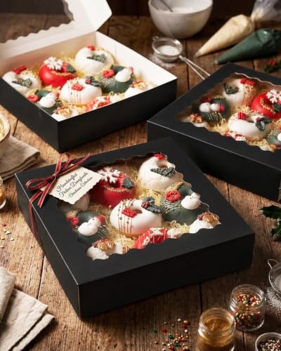 qiqee 10"x 10"x 2.5" Black Pie Boxes with Window 50Packs Cookie Donut Bakery Box (Auto-pop Up) - color: Black, 50Packs