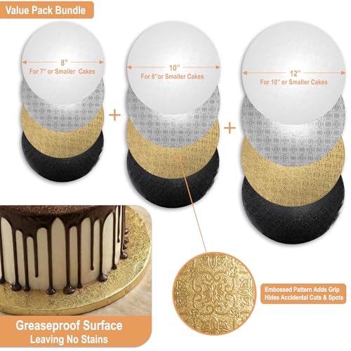 Cake Drums 8, 10 & 12 Inch Set (12 Pack) White, Silver, Gold, Black Colors - color: White + Silver + Gold + Black