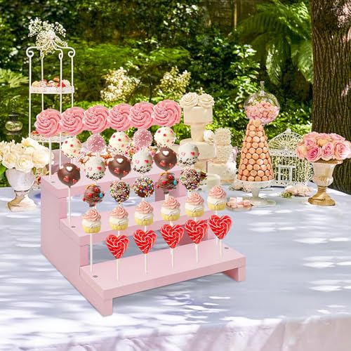 Wood Cake Pop Stands, 3 Tier Lollipop Holders with Twist Ties Lollipop Sticks, Sucker Display Riser for Dessert Table of Wedding Birthday Party (Pink-1P) - color: Pink-1P