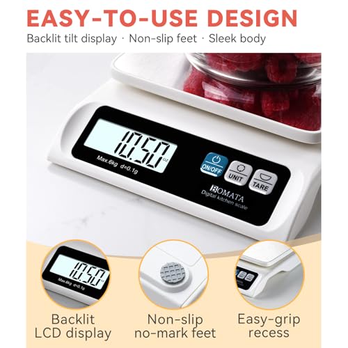 BOMATA 13lb/0.1g Precision Digital Food Scale for Kitchen, Grams and Ounces - color: White Rechargeable