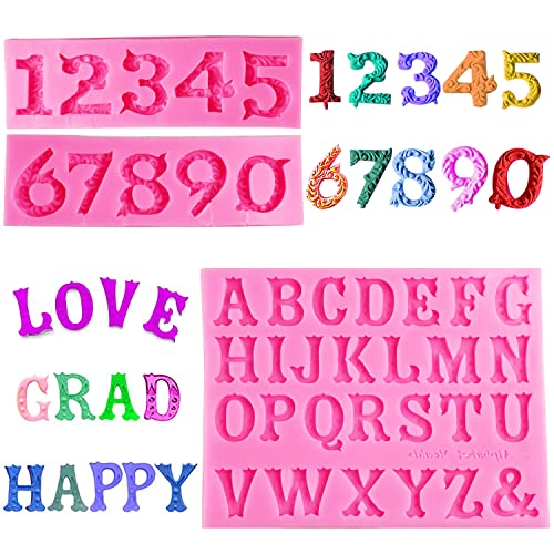 Silicone Letter Number Molds, AIMEIKI 3 Pack 3D Silicone Number 0-9 Alphabet A-Z Embossed Fondant Chocolate Baking Molds for Decorating Birthday Cake Candy Chocolate DIY Craft Projects - color: Alphabet Molds