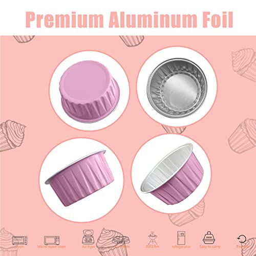 100Pcs Aluminum Cups with Lids,5oz Disposable Ramekin Baking Cups Muffin Liners Mini Pie Pans Foil Cupcake Containers for Christmas Party Wedding,Pink - color: Pink