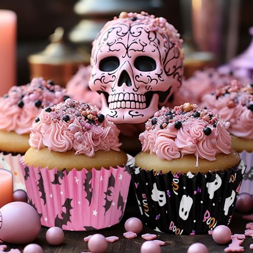 JarThenaAMCS 300Pcs Halloween Cupcake Liners Pumpkin Ghost Spider Web Bat Paper Baking Cups Pink Purple Orange Black Standard Muffin Cupcake Wrappers for Party Supplies Table Decor