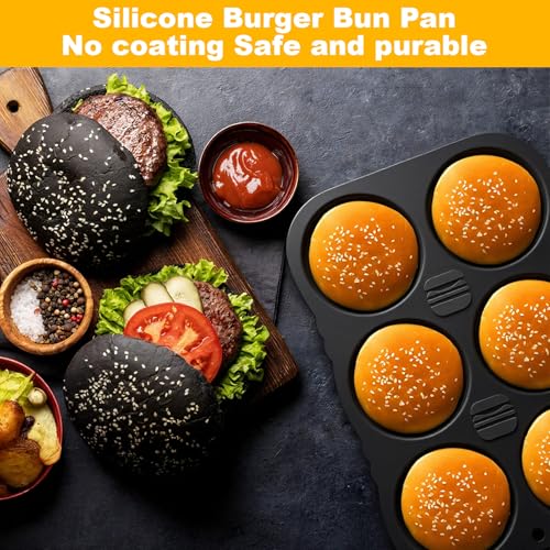 3 Pcs Silicone Baguette Pan and Hamburger Bun Pan Set, Non-Stick Hamburger Bun Mold for Baking with Scraper, 4 Wave Silicone Baguette Bread Pan Set & 6 Cup Silicone Hamburger Bun Mold