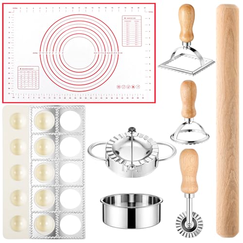 8 Pcs Ravioli Maker Set, 10-hole Mold & Stainless Steel Cutters