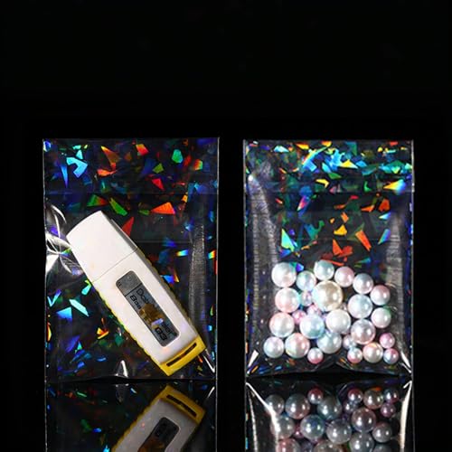 PABCK 100 Pcs Self Adhesive Holographic Cellophane Bags 2.95x5.2+1.18 inch - size: 2.95x5.2+1.18 inch