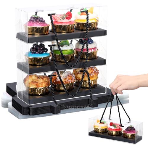 EUSOAR Clear Cupcake Boxes, 40 Pcs 9"x3"x3" Black 3 Compartments Pastry Cupcake Containers with Gift Rope Handle,Portable Dessert Muffins Holder Cookies Carrier for Birthday Wedding Party Bakery - color: Black