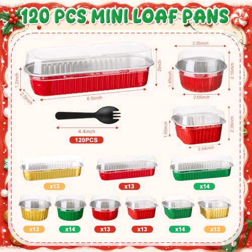 Blushtier 120 Set/240 Pcs Mini Loaf Pans Set with Lids and Spoons for Cake - color: Red Green Gold Color