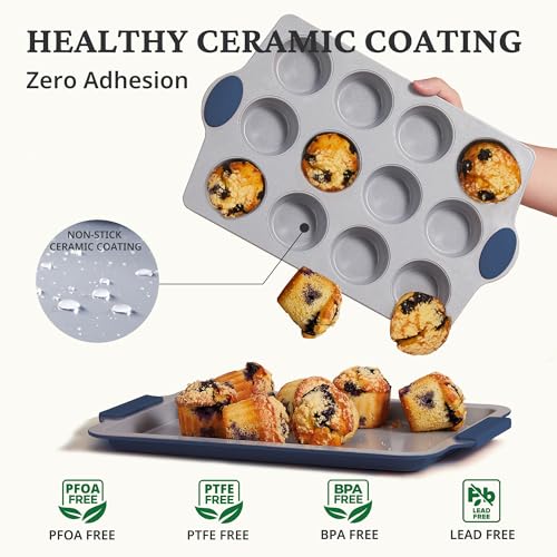 BRONYPRO 2-Pack 12 Cup and Mini 24 Cup Non Toxic Nonstick Ceramic Muffin Pan & Cupcake Tin, PFOA & PTFE Free, Heavy Duty Rust-Resistant Aluminized Steel, Oven Safe, Blue - color: Blue, size: 12+24 Cup Muffin Pan (2 pack)