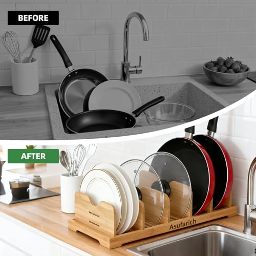 Pots and Pans Organizer Under Cabinet, Cutting Board/Baking Sheets Storage Rack, Adjustable Bamboo Pot Lid Holder, Pot Lid Organizer Inside Cabinet, Pot and Pan Organizers(Natural) - size: 40