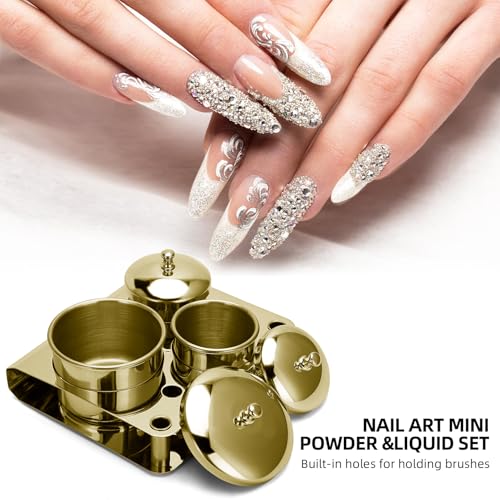 Acrylic Liquid Container 3 PCS Stainless Steel Acrylic Liquid Powder Cup with Lids Dappen Dish Nail Powder Holder Container Nail Art Equipment Tools for Nail Design Tools (Gold)
