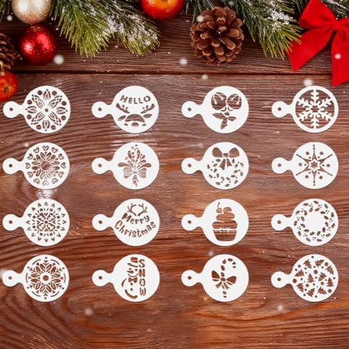 16 Piece Christmas Sprinkle Stencils for Latte Art, Cookie Icing & Cupcake Decorating - Holiday Cake Baking & Coffee Stencils, 3x4.1 Inches, Reusable for Home Bakers & Hosts - size: 16 Piece