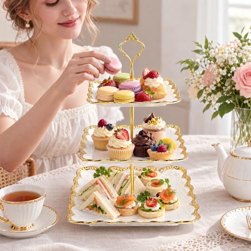 Kochorie 3 Tier Square Ceramic Cupcake Stand Gold Rim White Serving Tray - style: Square