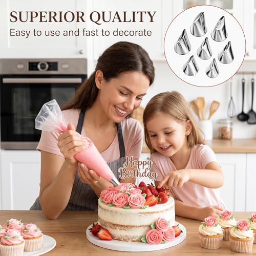 7 Pcs Rose Flower Piping Tips, Stainless Steel Petal Icing Tips Fondant Rose Nozzle Pastry Tools for Cake Decorating