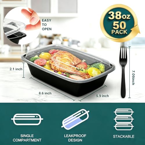 Meal Prep Containers 38OZ, 50 Pack +20 Forks, Leak Proof BPA Free - size: 38oz-50pack + 20 forks