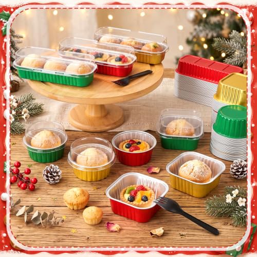 Blushtier 120 Set/240 Pcs Mini Loaf Pans Set with Lids and Spoons for Cake - color: Red Green Gold Color