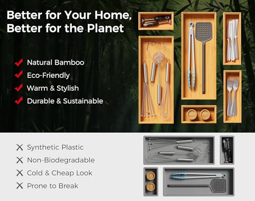 Bamboo Kitchen Drawer Organizer Boxes 9" x 6" Stackable Wooden Organizers - size: 9" x 6" x 2"