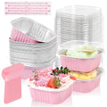 100 Pcs Mini Cake Pans with Lids, 5oz Square Aluminum Foil Brownie Baking Cups, Dessert Cupcake Cups with lids, Disposable Loaf Pans Cupcake for Wedding Birthday Party (Pink) - color: Pink, size: 5 OZ
