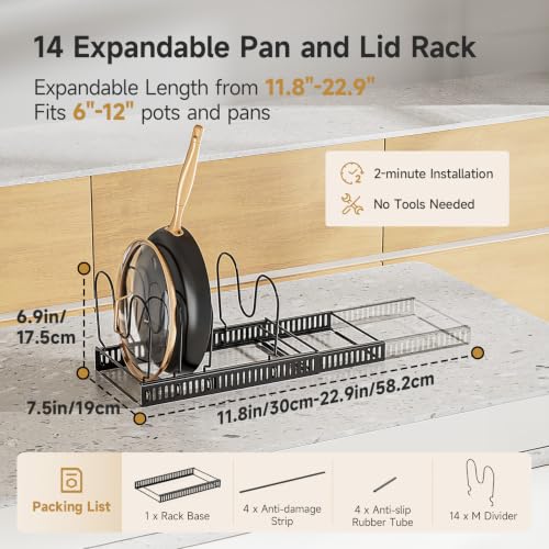 MUDEELA Pot Lid Organizer for Cabinet, Expandable Baking Pan Rack 14 Slots - size: 14 Dividers