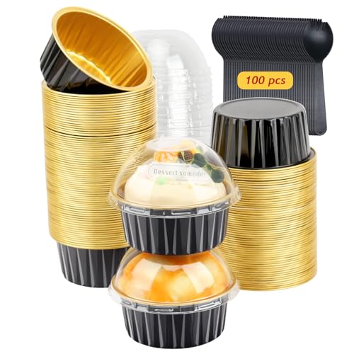 LNYZQUS 5oz Cupcake Pans with Dome Lids 100 Pack, Foil Dot Cake Cups - color: Black, size: 5 oz