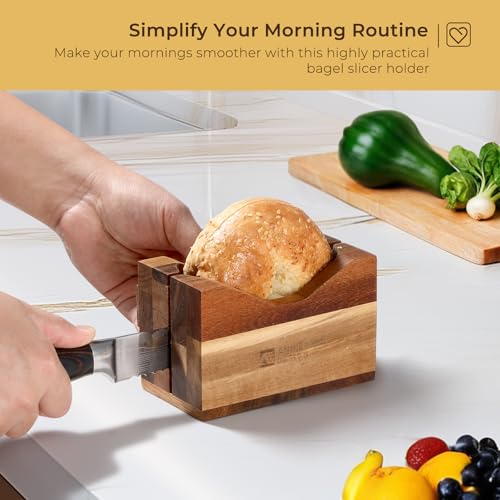 Annie & Mia Design Premium Acacia Wood Bagel Slicer For Large Bagel Stylish Hand Crafted Wood Bagel Cutter With Ergonomic Designed Handle Grip