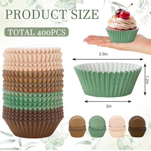 FYSUIMU 400 Pcs Sage Green Brown Cupcake Liner Paper Baking Cups Woodland Themed Muffin Liner Cake Storage Container for Fall Autumn Harvest Forest Animal Safari Party Birthday Supplies, 2 x 1.2 Inch - color: Sage Green Brown