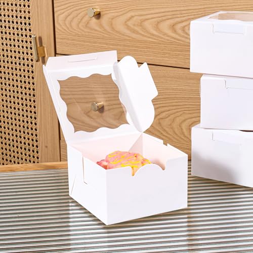 25pcs White Small Cake Box,4x4x2.5 Inch Bakery Boxes with Window,gift boxes bulk for Mini Cake Pastry Dessert Strawberries Chocolates Cupcakes with Stickers - color: White/25pcs
