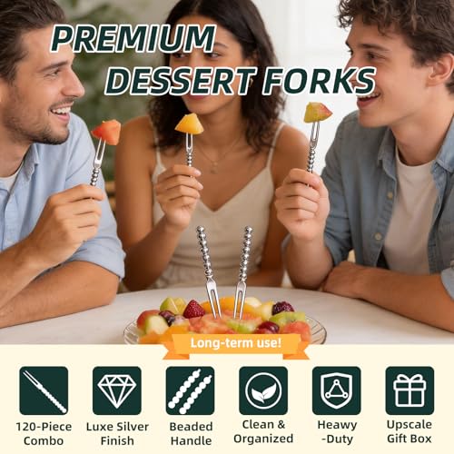 Mini Appetizer Forks, 120 Count, 4.2 Inch, Silver Beaded Handle