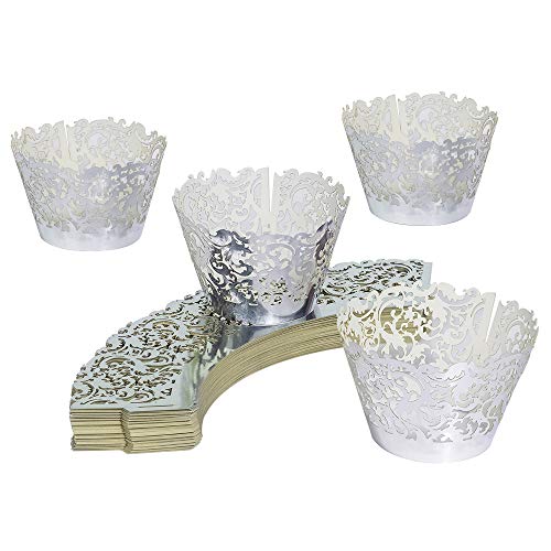 YOZATIA 60 Silver Vine Lace Cupcake Wrapper, Laser Cut Cupcake Liners for Weddings Birthdays Tea Parties and any Special Event- Silver - color: Silver
