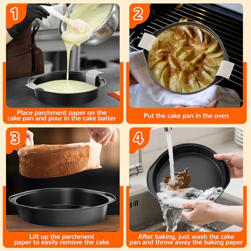 8 Inch Round Cake Pan with Handle, 3PCS Nonstick Cake Pans with 100 PCS Parchment Paper - size: 8 Inch