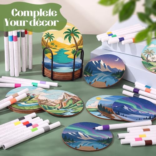 Reallnaive 77 Pcs Wooden Coasters Paint Kit, Scenery - style: Scenery
