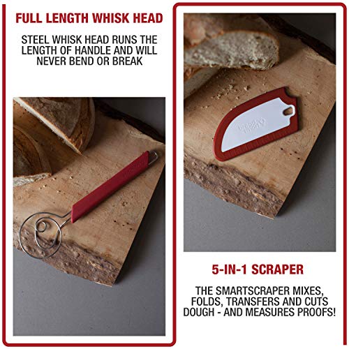 Breadsmart Artisan Bread Whisk and Bench Scraper Duo - Essential Dough Mixer Tools - Sourdough Bread Baking Supplies - color: Red