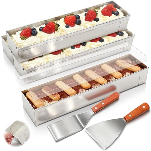 Blushtier 4 Pcs Nonstick Rectangle Tiramisu Cake Pan with Acrylic Lid and 2 Metal Spatula Removable Frame 304 Stainless Steel Cake Baking Molds for Tiramisu Cheesecake Mousse (15.75x3.94x2.56 Inch) - size: 15.75 x 3.94 x 2.56 Inch