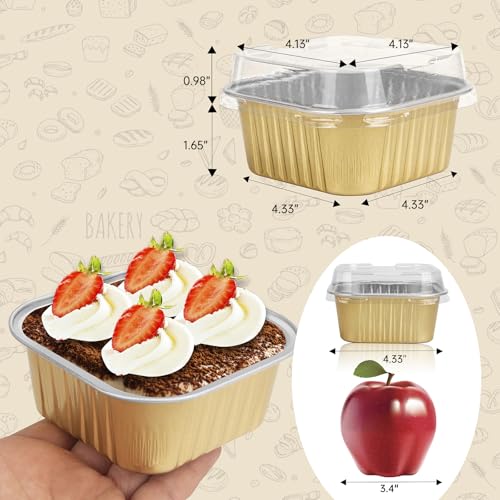 50 Pcs Mini Square Baking Cups with Lids,10oz Aluminum Foil Mini Cake Pans with Lids,Disposable Ramekins Cake Pans,300ml Dessert Cups Cupcake Pans for Wedding Birthday Party,Gold - color: Gold, size: 10oz