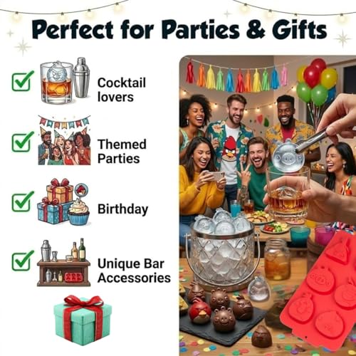 Angry Birds Ice Cube & Chocolate Molds- 2 Trays, 12 Cavity Silicone Baking Molds- 3D Fun Animals for Whiskey Cocktails, Chilling Drinks- Reusable Dessert for Parties or Gift, Easy Fill Dishwasher Safe