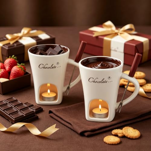 Chocolate Fondue Mug Set of 2, Ceramic Melting Cup, Candle & Fork - color: 2pcs White