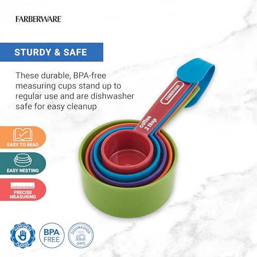 FARBERWARE 5-Piece Measuring Cup Set with Coffee Scoop, Durable Plastic Nesting Measuring Cups with Easy-Read Markings, BPA-Free, Dishwasher Safe - style: Cups